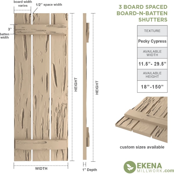 Rustic Three Board Spaced Board-n-Batten Pecky Cypress Faux Wood Shutters, 17 1/2W X 64H